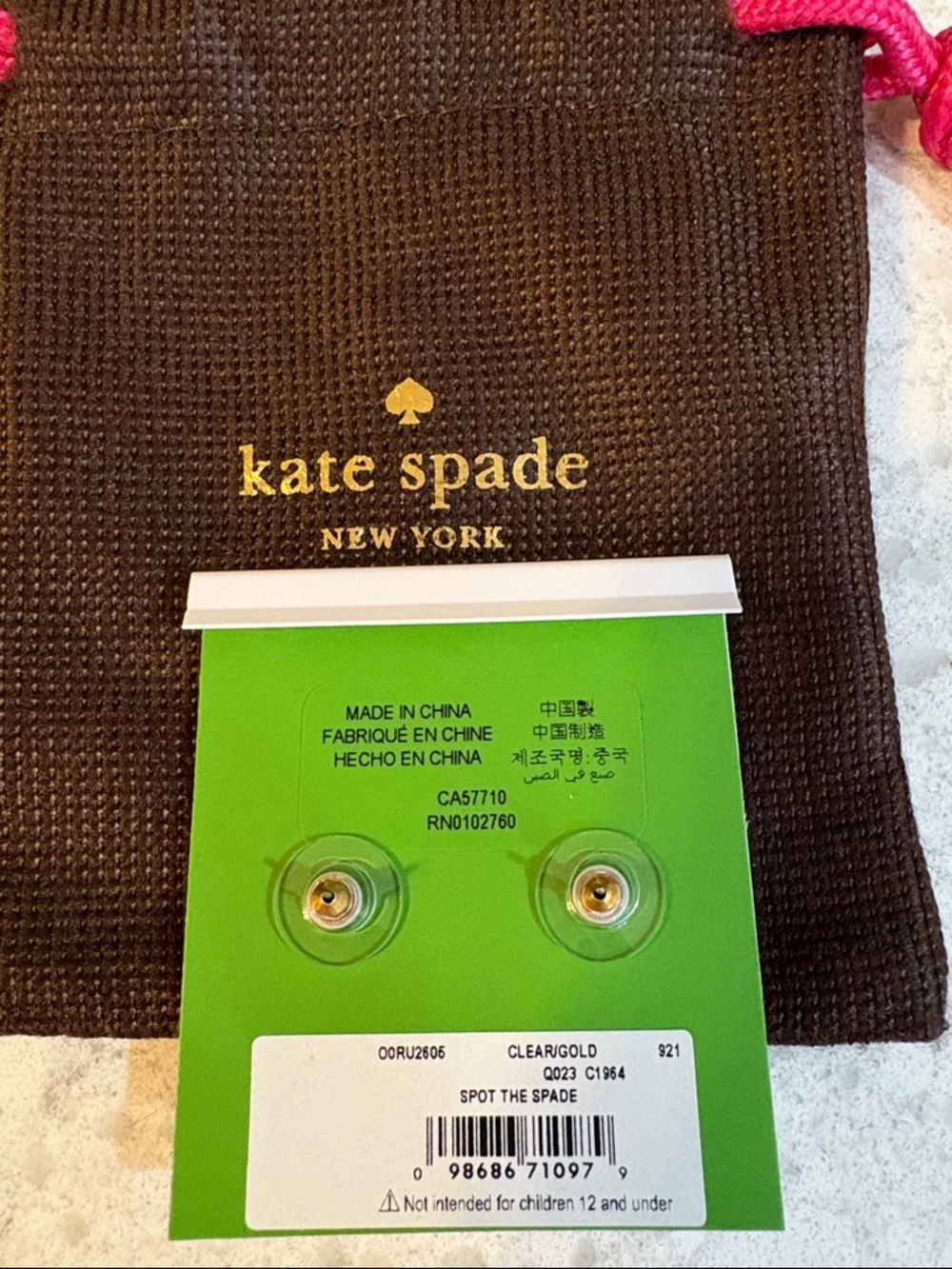 NWT Kate Spade gold plated cubic zirconia spade pierced earrings with logo bag - Picture 3 of 8